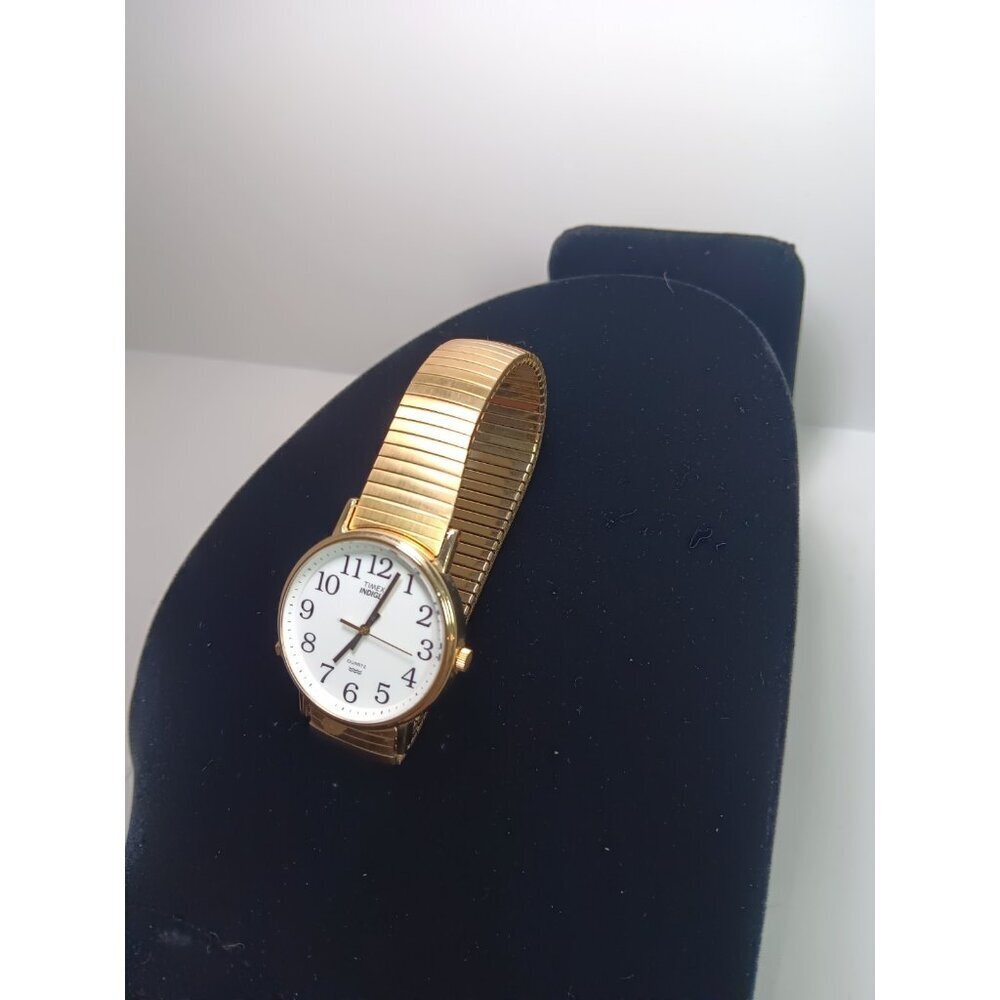 Timex Indiglo Watch Men Stretch Gold Stainless Steel WR Light Batt White Quartz